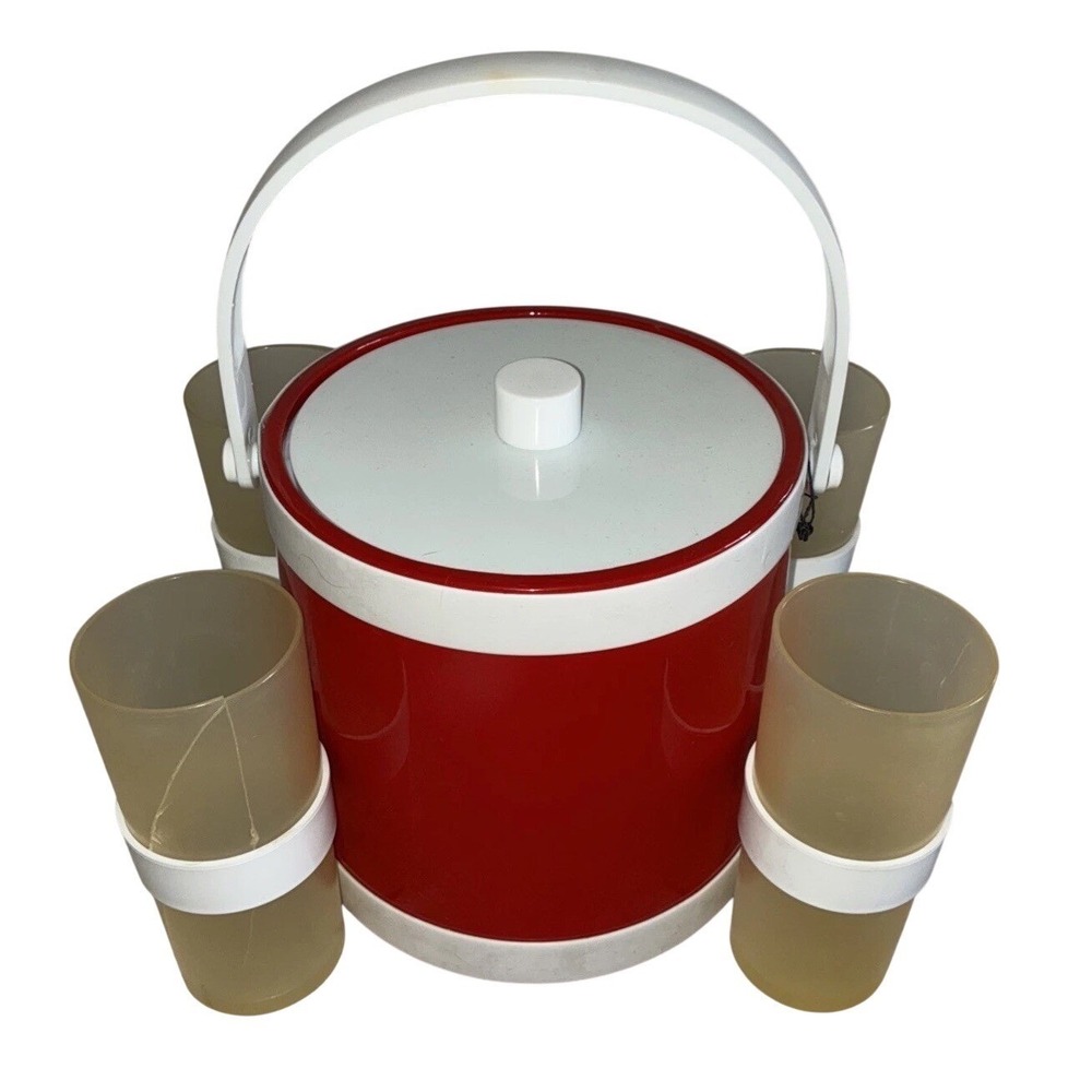 Shelton Ware Ice Bucket Cup Holders Red White Durlane Cups Vintage *flaws